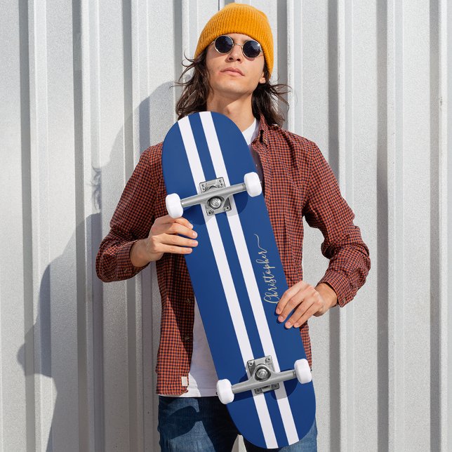 Classic Blue White Gold Monogram Racing Stripes Skateboard (Classic Blue White Gold Monogram Racing Stripes Skateboard)