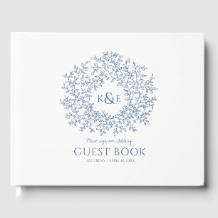 Classic blue white leaf monogram art wedding guest book