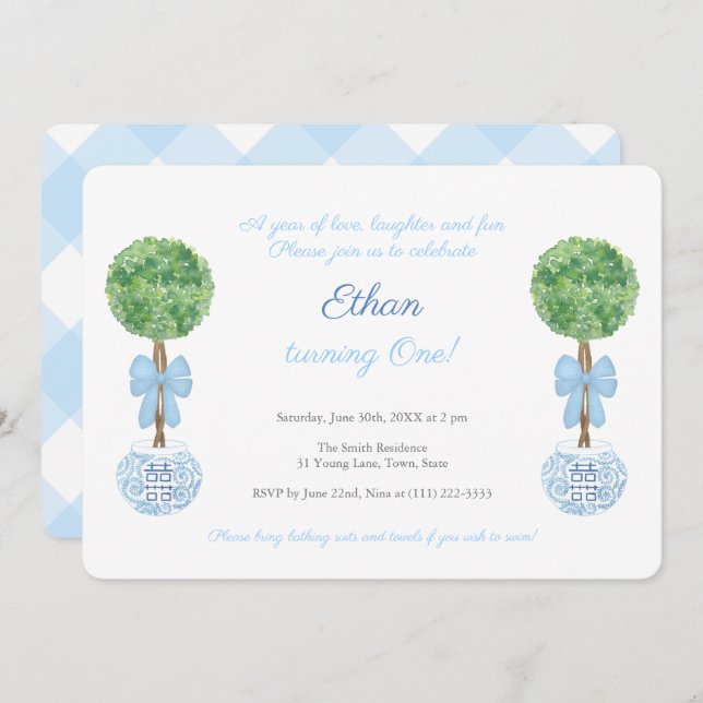 Classic Blue & White Little Boy 1st Birthday Party Invitation (Front/Back)
