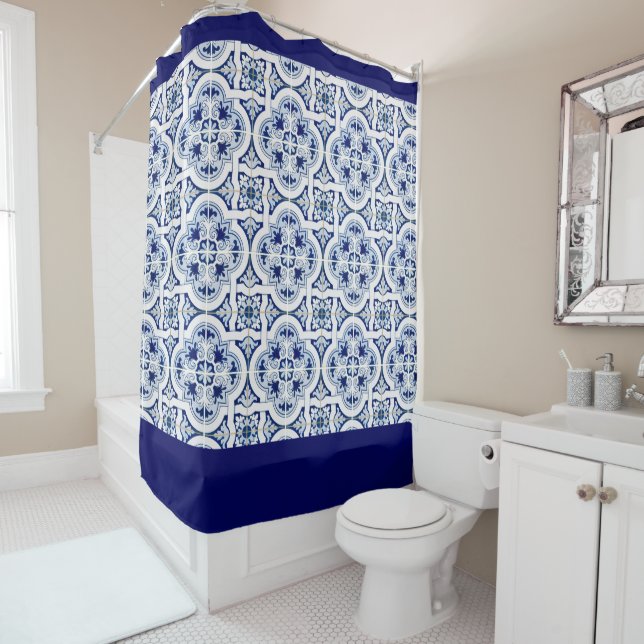 Classic Blue & White Mediterranean Tile Look Shower Curtain (In Situ)