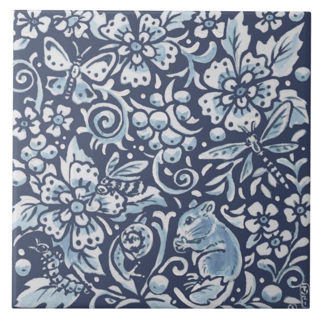 Classic Blue White Ornate Animal Forest Floral Art Tile (Front)