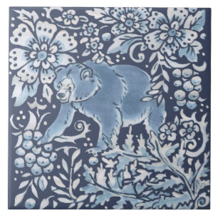 Classic Blue White Ornate Bear Forest Floral Art Tile