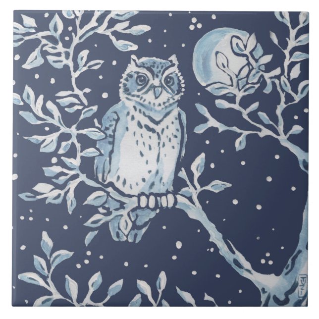 Classic Blue White Ornate Owl, Forest Night  Art Tile (Front)