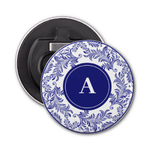 Classic Blue & White Pattern Monogram Initial Bottle Opener