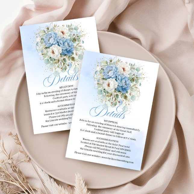 Classic Blue White Peonies Wedding Details Card (Classic Blue White Peonies Wedding Details with Gold)