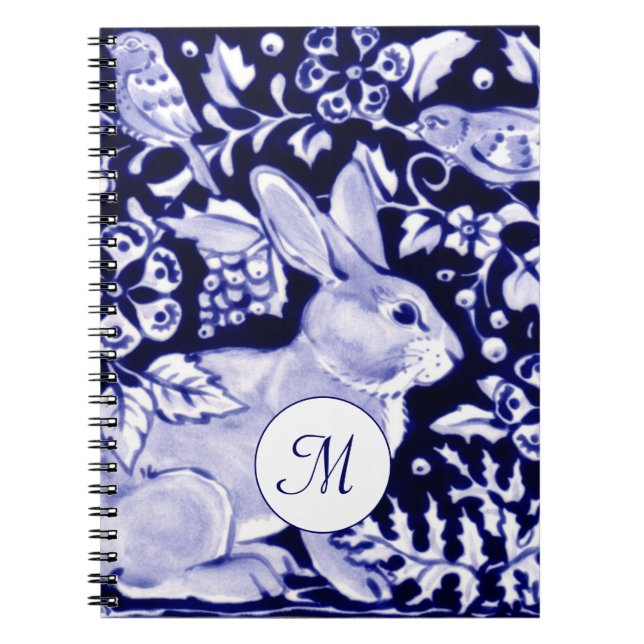 Classic Blue & White Rabbit & Bird Floral Monogram Notebook (Front)