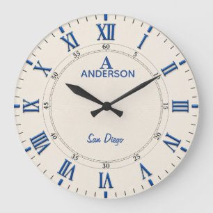 Classic Blue White Roman Elegant Large Clock