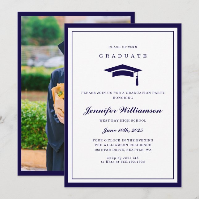 Classic Blue & White Script Graduation Photo Invitation (Front/Back)
