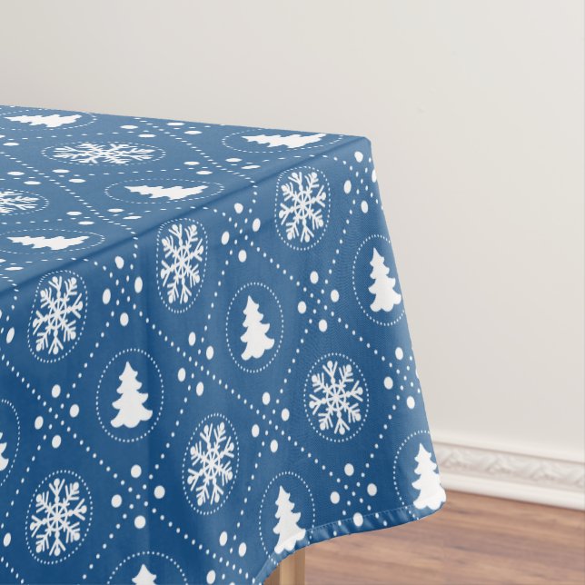 Classic Blue White Snowflakes Christmas Trees Tablecloth (In Situ)