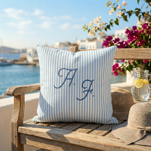 Classic Blue White Stripe Coastal Monogram Throw Cushion