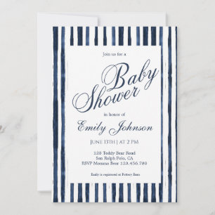 Classic Blue White Stripes Baby Shower Invitation