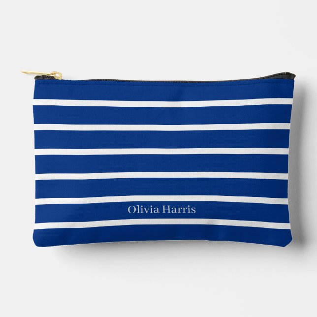 Classic Blue & White Stripes Nautical Make Up Bag (Front)