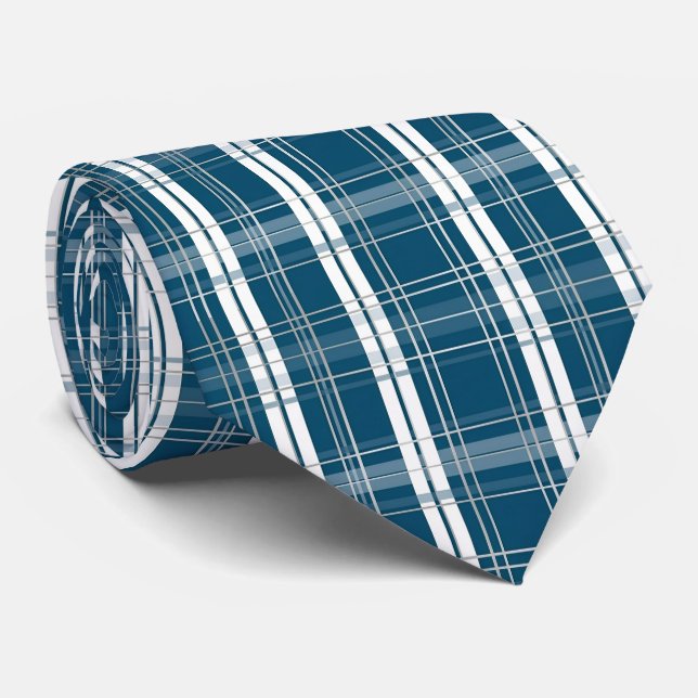 Classic Blue & White Tartan Plaid Winter Tie (Rolled)