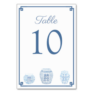 Classic Blue White Watercolor Ginger Jar Wedding Table Number