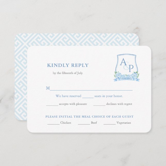 Classic Blue White Wedding Crest Meal Choice RSVP Enclosure Card (Front/Back)