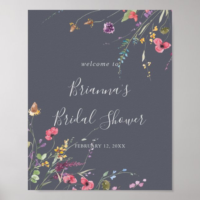 Classic Blue Wild Floral Bridal Shower Welcome   Poster (Front)