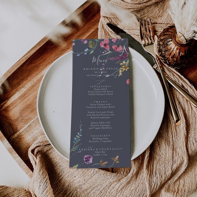 Classic Blue Wild Floral Floral Dinner  Menu (Creator Uploaded)