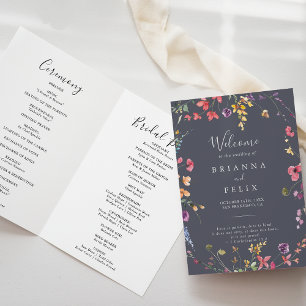Classic Blue Wild Floral Folded Wedding Programme