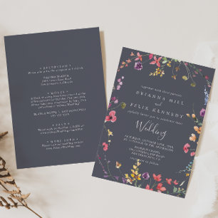 Classic Blue Wild Floral Front & Back Wedding  Invitation