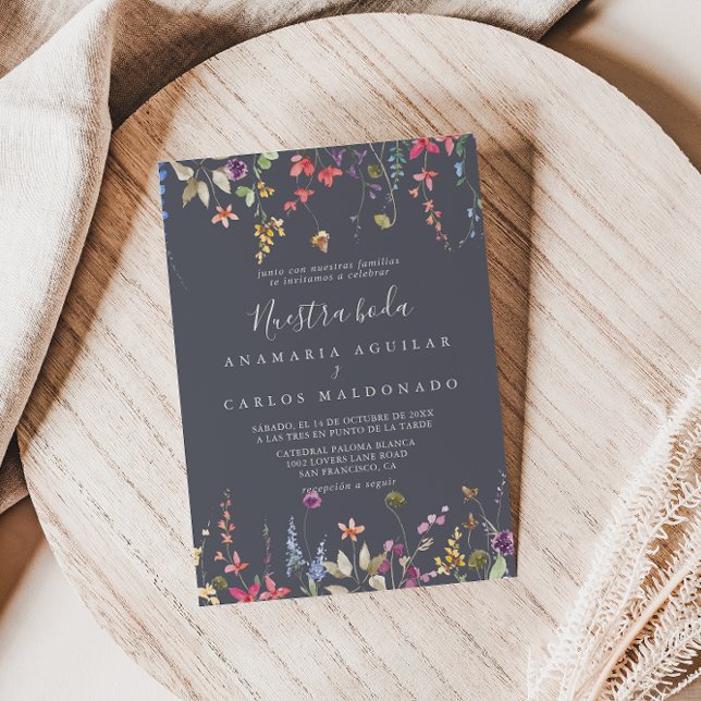 Classic Blue Wild Floral Nuestra Boda Wedding Invitation (Creator Uploaded)