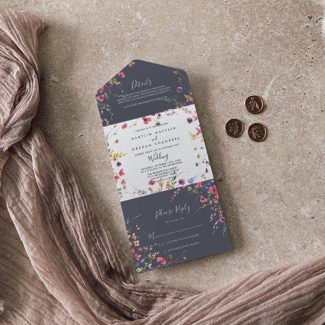 Classic Blue Wild Floral Wedding  All In One Invitation (Creator Uploaded)