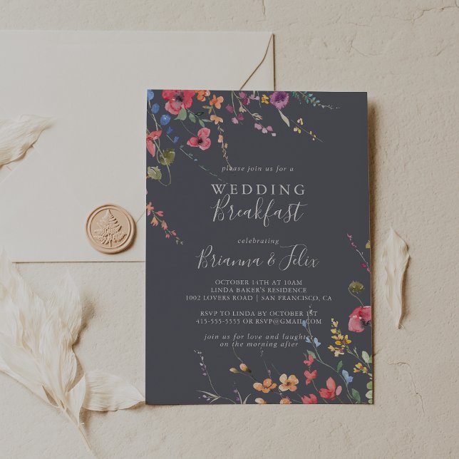 Classic Blue Wild Floral Wedding Breakfast  Invitation (Creator Uploaded)
