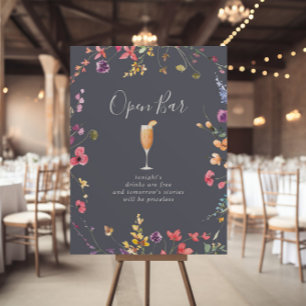 Classic Blue Wild Floral Wedding Open Bar Sign