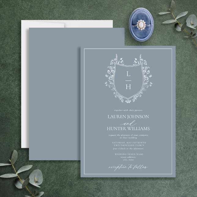 Classic Blue Wildflower Monogram Crest Wedding Invitation (Creator Uploaded)