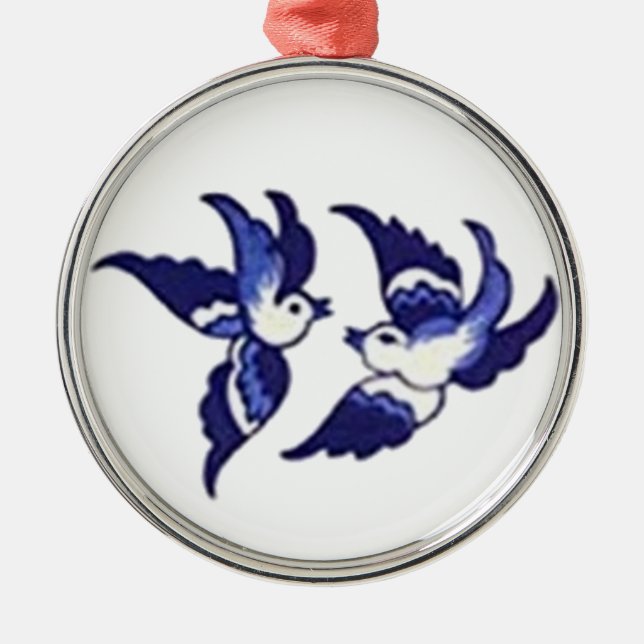 Classic Blue Willow Bird Design Metal Tree Decoration (Front)