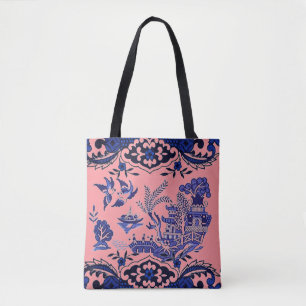 Classic Blue Willow Design on Coral Pink Tote Bag