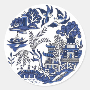 Classic Blue Willow Design Round Sticker