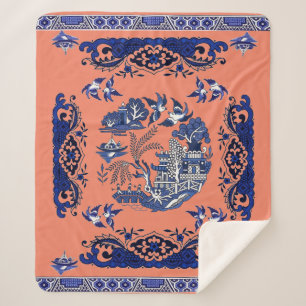 Classic Blue Willow Design Sherpa Blanket