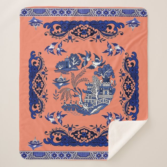 Classic Blue Willow Design Sherpa Blanket (Front)
