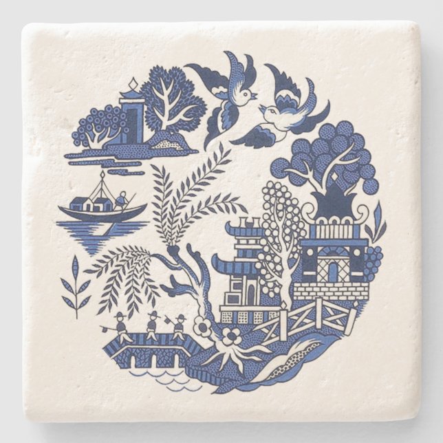 Classic Blue Willow Design Stone Coaster (Front)