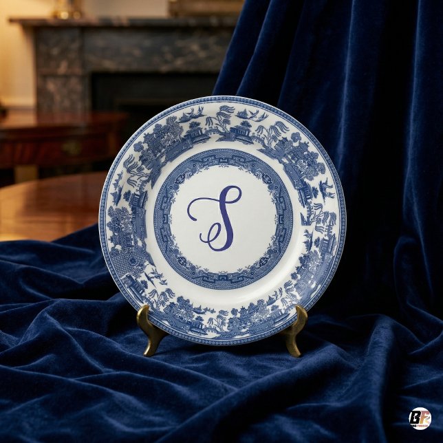Classic Blue Willow Pattern Custom Script Monogram Paper Plate (Creator Uploaded)