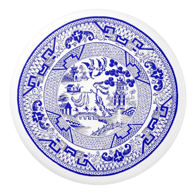 Classic Blue Willow Plate Design Ceramic Knob (Front)