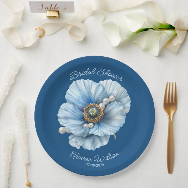 Classic Blue with Giant Blue Poppy Bridal Shower Paper Plate (Wedding)