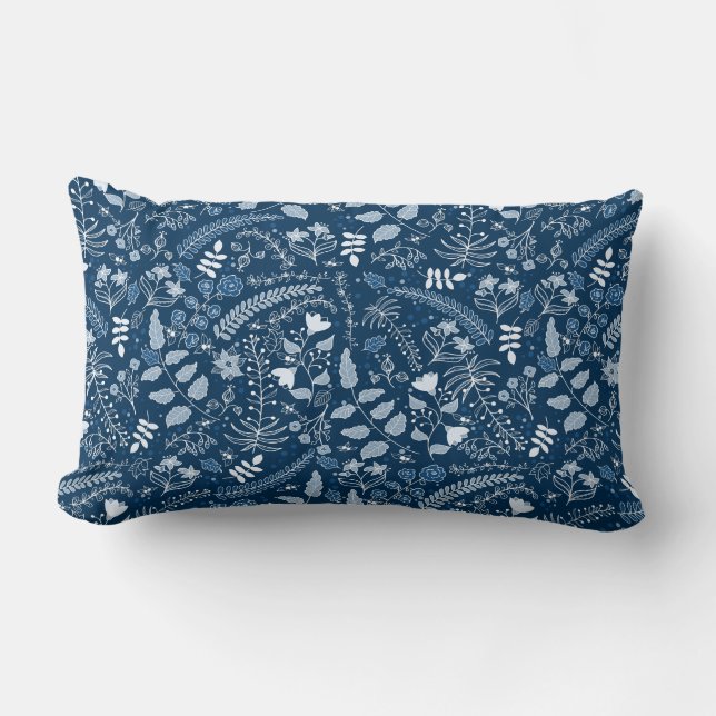Classic Blues | Boho Floral Pattern Lumbar Cushion (Front)