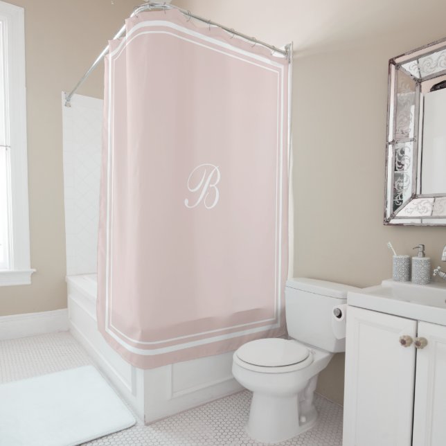 Classic Blush Border Script Monogram Letter Shower Curtain (In Situ)
