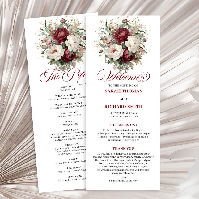 Classic Blush Burgundy Floral Wedding Program Programme (Classic Blush Burgundy Floral Wedding Program)