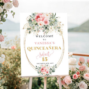 Classic blush floral gold quinceañera welcome sign
