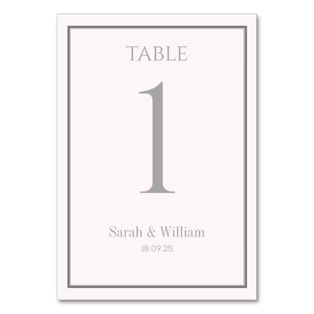 Classic Blush & Grey Wedding Table Number Card (Front)
