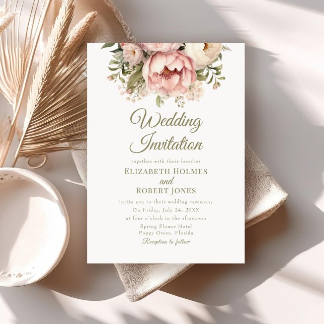 Classic Blush & Peach Peony Wedding Invitation (Soft Peach and Blush Floral Wedding Invitation on a neutral boho wedding table.)