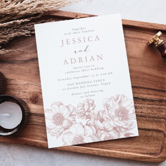 Classic Blush Peony Line Art Wedding Invitation (Creator Uploaded)