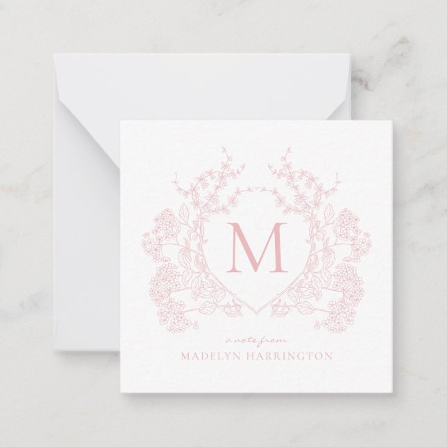 Classic Blush Pink Floral Crest Monogram Card (Front)