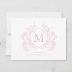 Classic Blush Pink Floral Crest Monogram Card