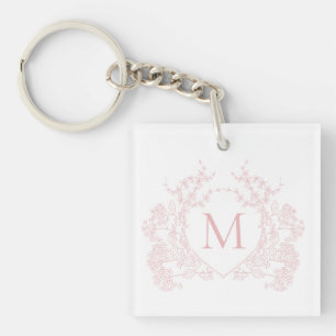Classic Blush Pink Floral Crest Monogram Key Ring