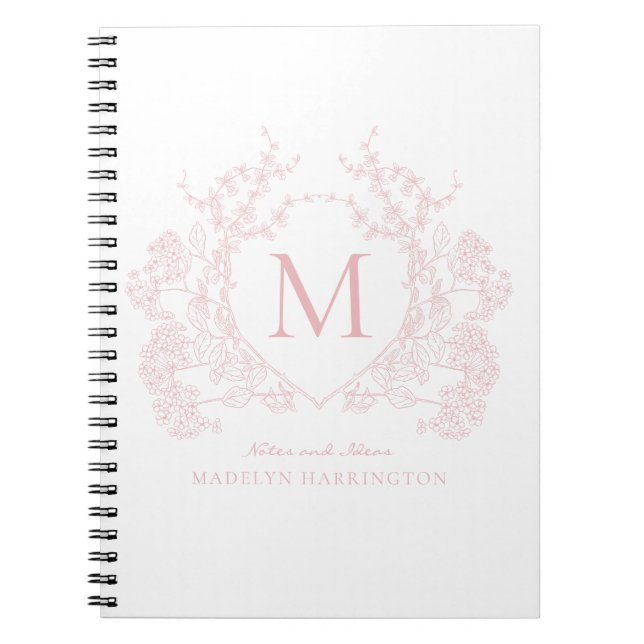 Classic Blush Pink Floral Crest Monogram Notebook (Front)
