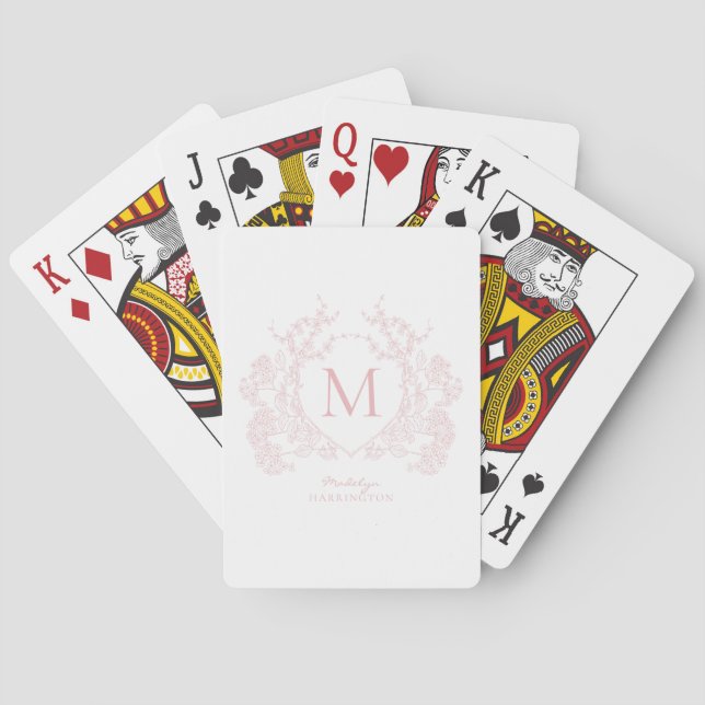 Classic Blush Pink Floral Crest Monogram Playing Cards (Back)