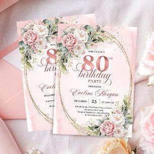 Classic Blush Pink Flowers Greenery 80th Birthday Invitation